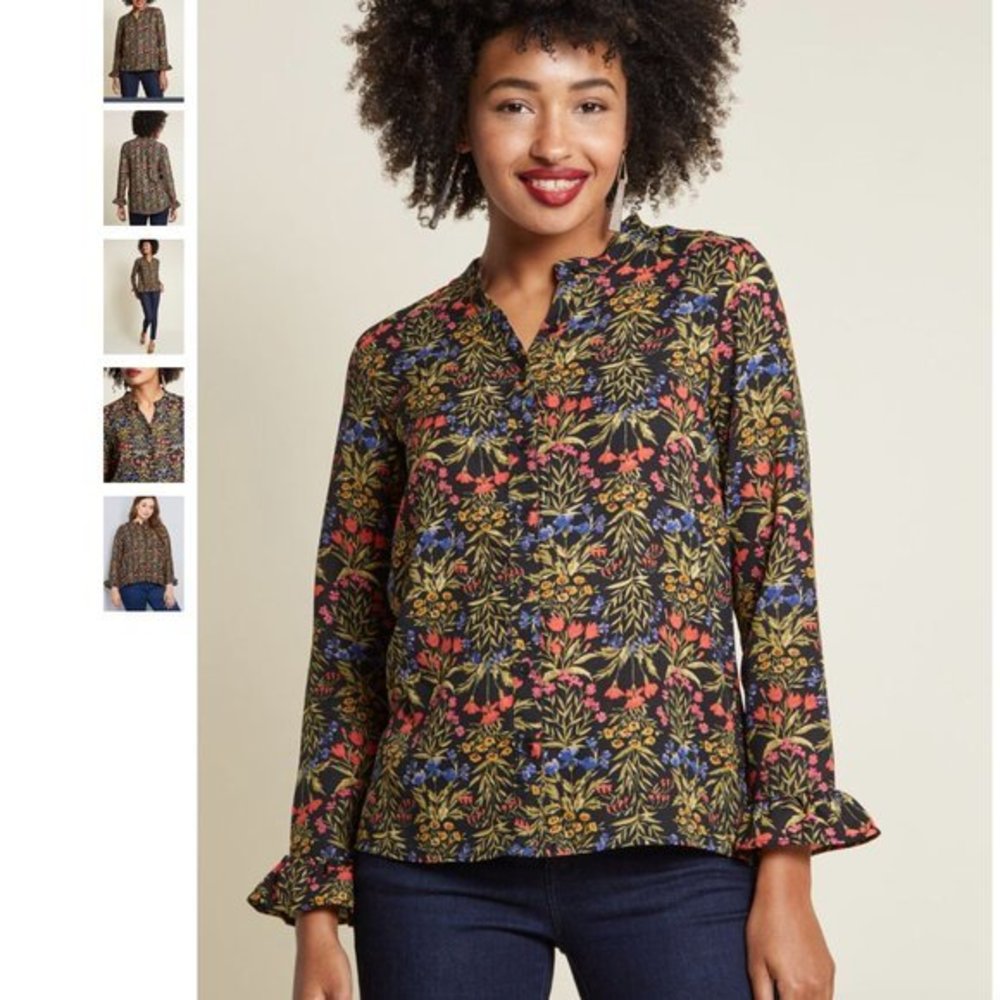 Modcloth Black Floral Button-Neck Blouse with Pink, Blue & Yellow Accents